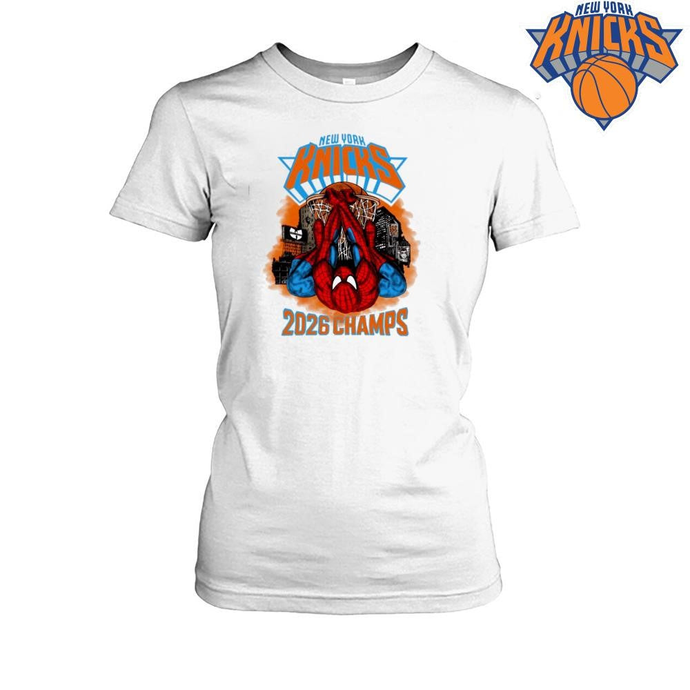 New York Knicks Champions NBA 2026 Spider Man Dunking Graphic White Shirt