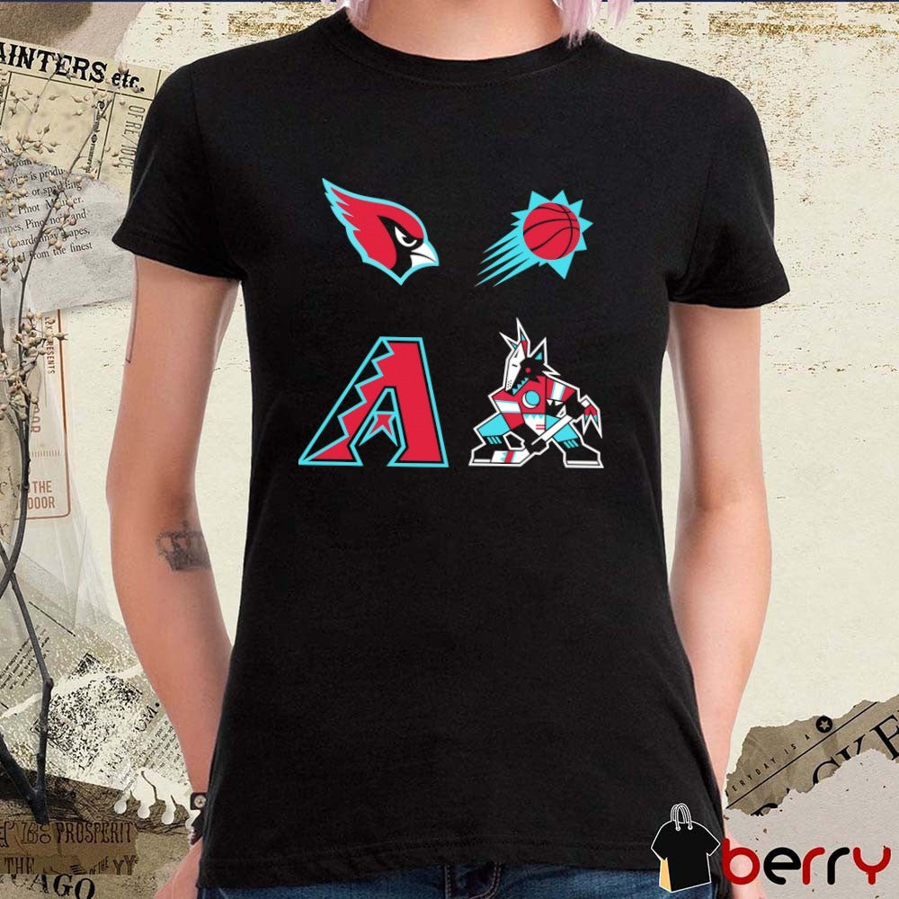 2026 Arizona Cardinals NFL, Phoenix Suns NBA, Arizona Diamondbacks MLB and Arizona Coyotes NHL Logos t-shirt