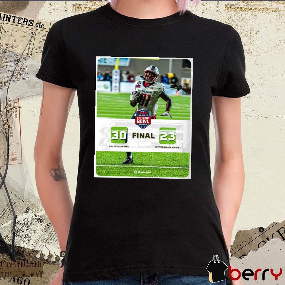 Final South Alabama Jaguars vs. Western Michigan Broncos 30 – 23 Score 2024 IS4S Salute to Veterans Bowl Poster t-shirt