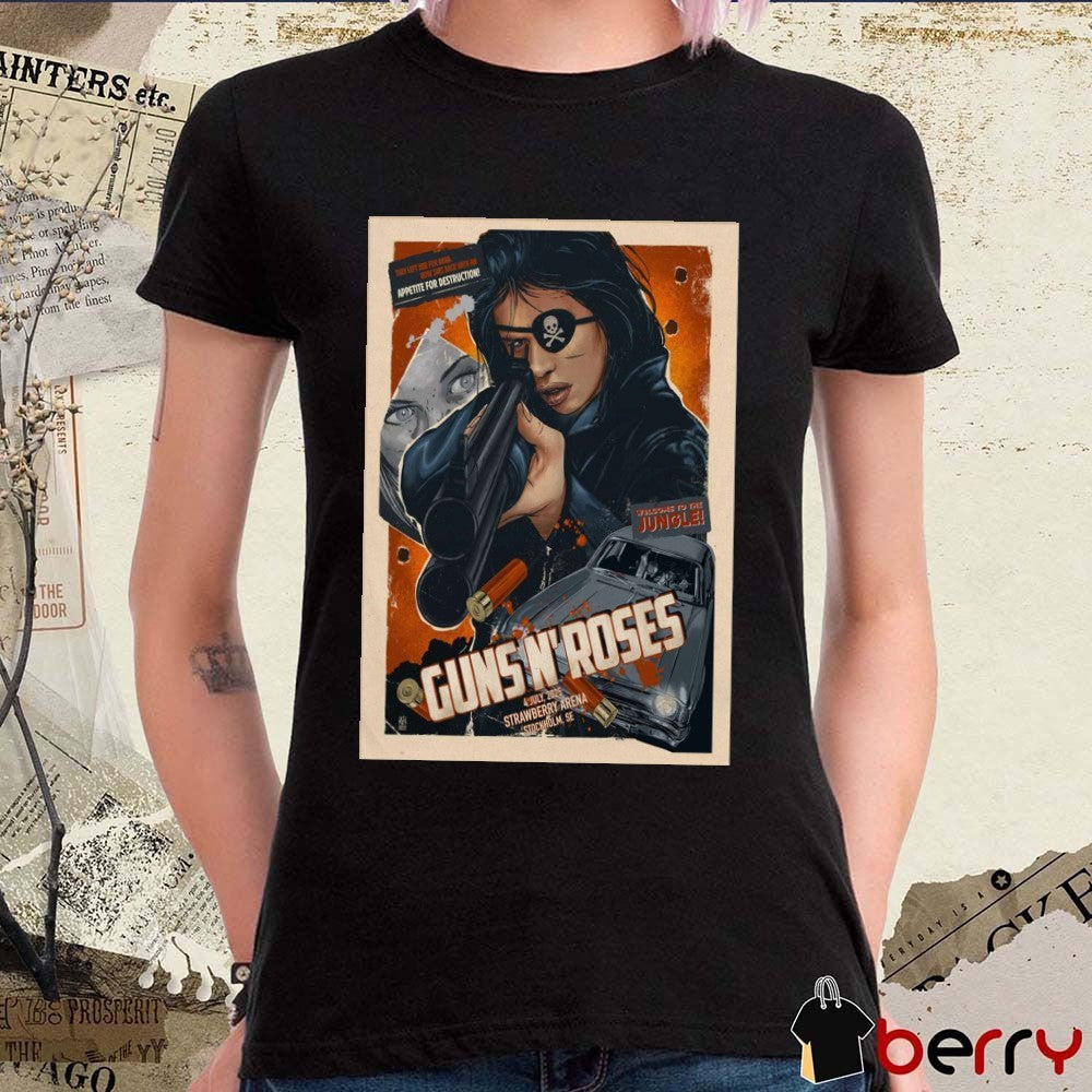 Poster Guns N’ Roses Stockholm SE Tour 2025 July 4 Strawberry Arena Welcome To The Jungle t-shirt