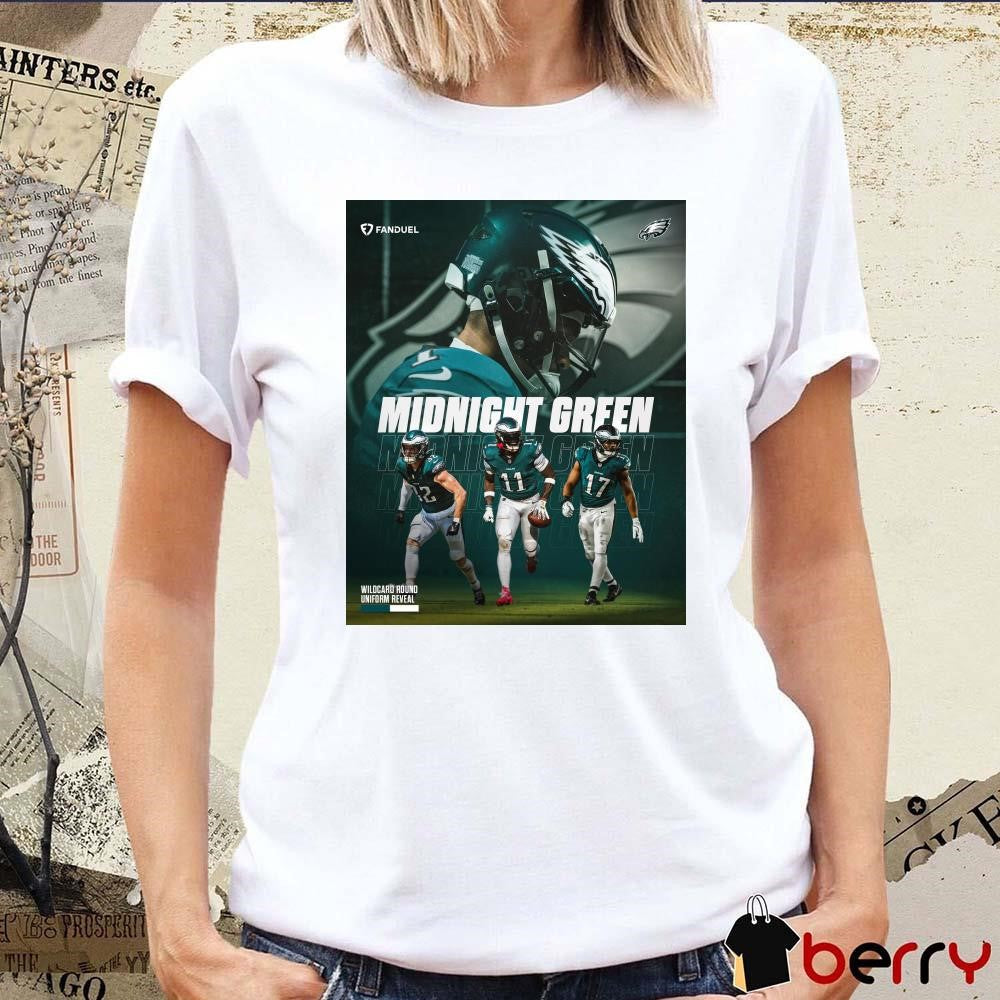 Poster Philadelphia Eagles Jalen Hurts A.J. Brown Reed Blankenship Nakobe Dean Midnight Green Wildcard Round Uniform Reveal t-shirt