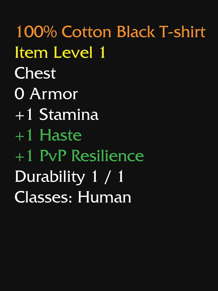 WoW Funny T-shirt Item stats description Black shirt meme by ElevenVoid