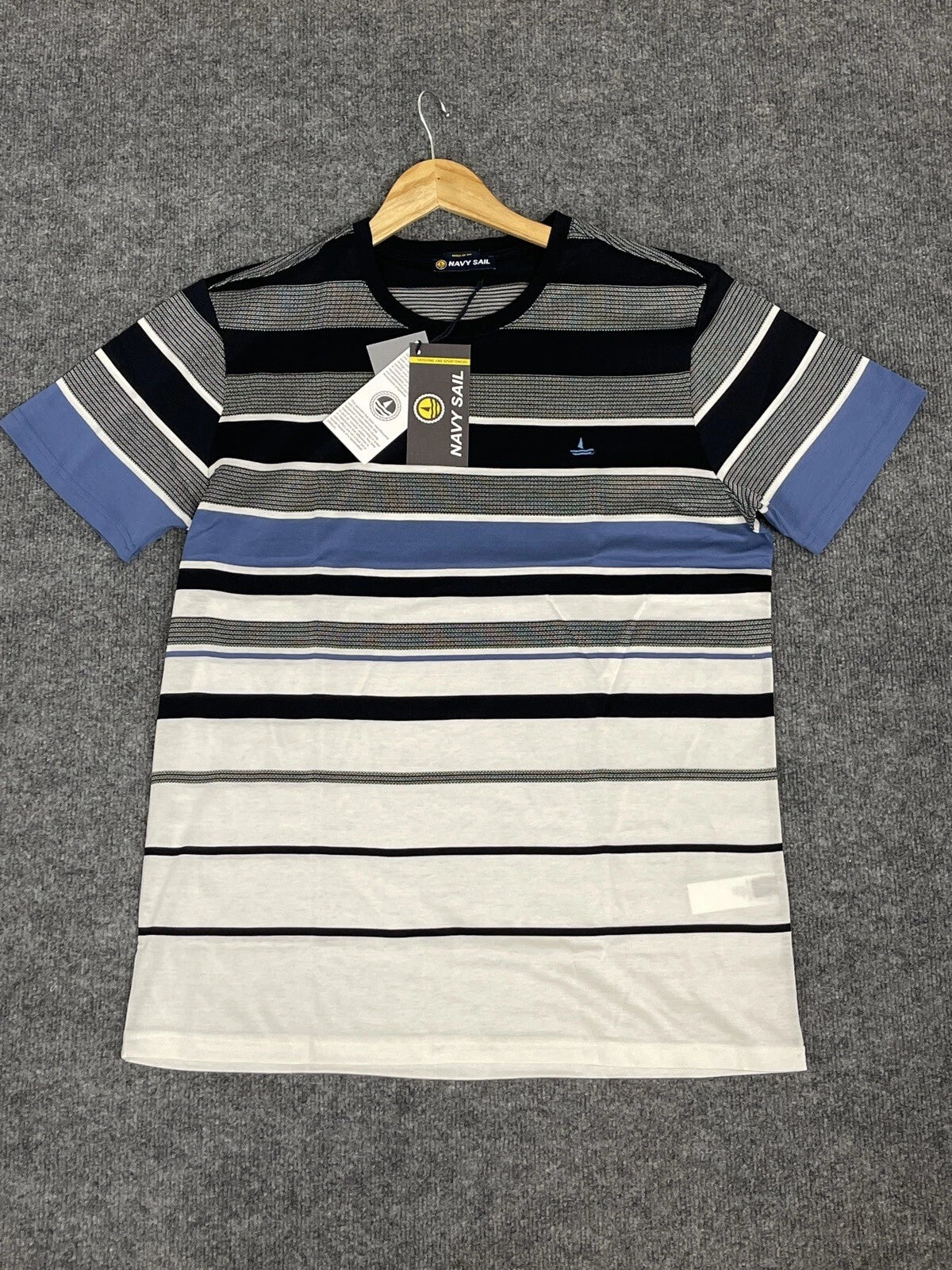 Navy Sail Shirt Mens 2XL Tee Striped Color Block Short Sleeve Slim Handmade N30