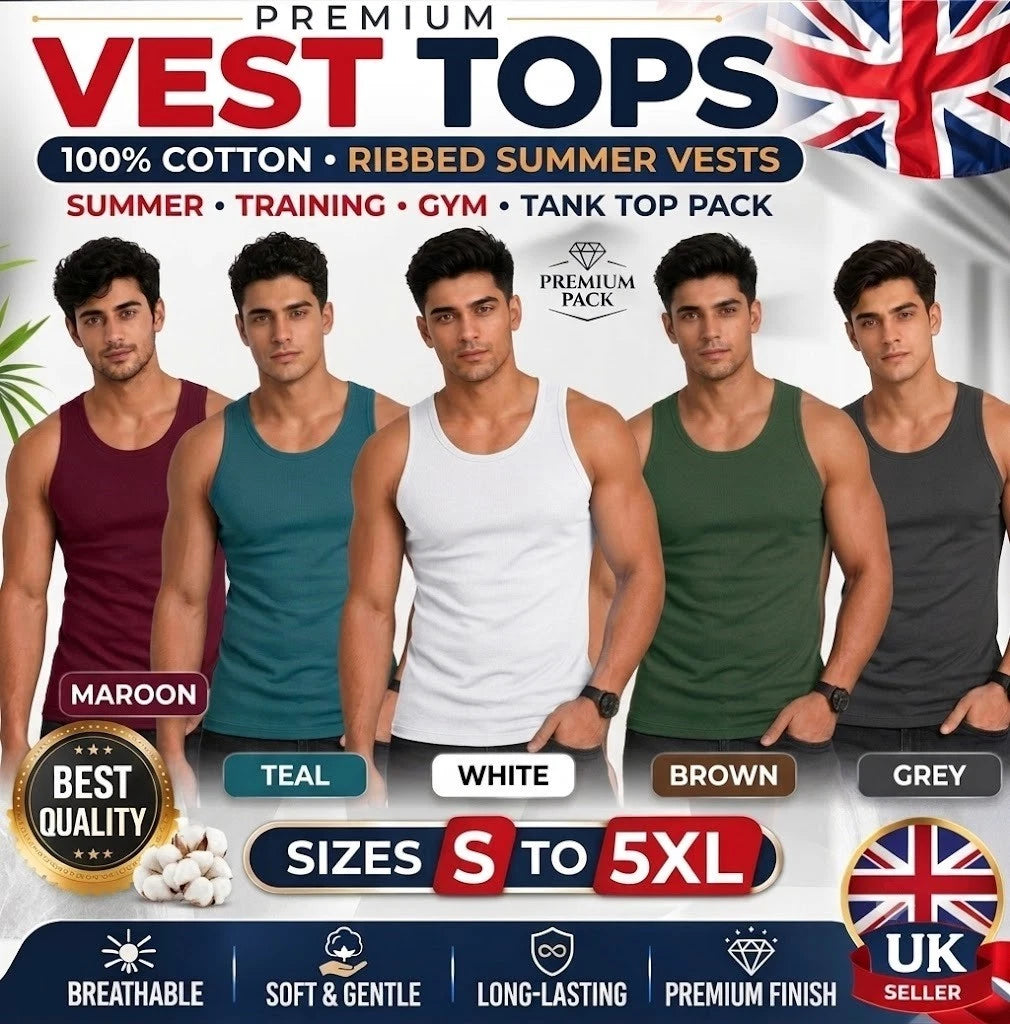 Men's Vest Tops 100% Cotton Plain Classic Summer Training Gym Tank Top S-5XL
