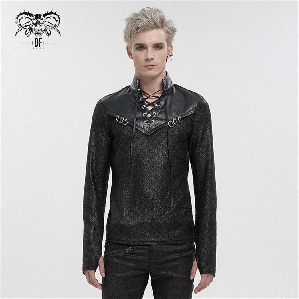 Devil Fashion Man Black Gothic Punk Daily Wear Long Sleeve Drawstring T-shirt
