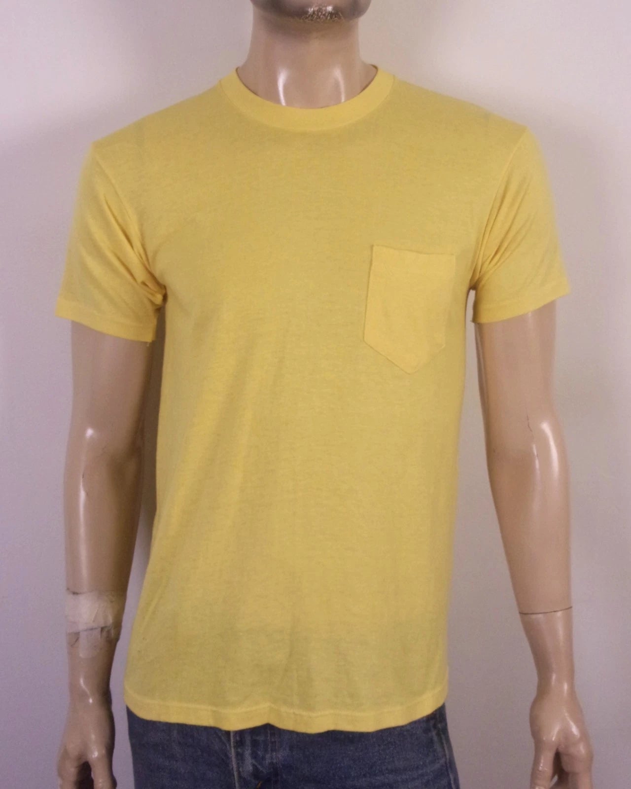 vintage 80s single stitch Yellow Pocket T-Shirt soft thin USA sz L