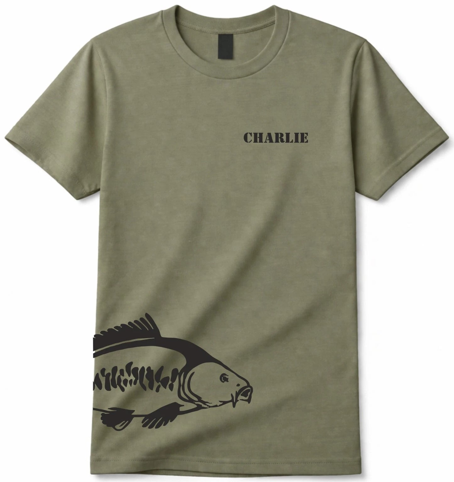 Personalised Carp Fishing T Shirt Mens Angler Tee Custom Name Gift Olive Green