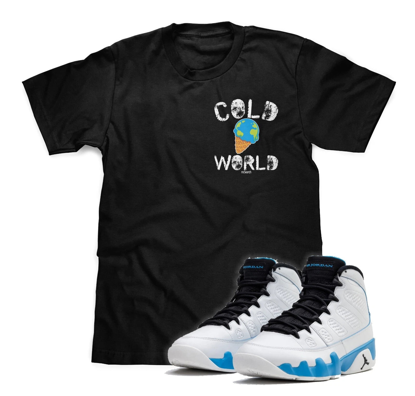 Cold World Black Tee Matches Air Jordan 9 Powder Blue Sneakers (FREE SHIPPING)