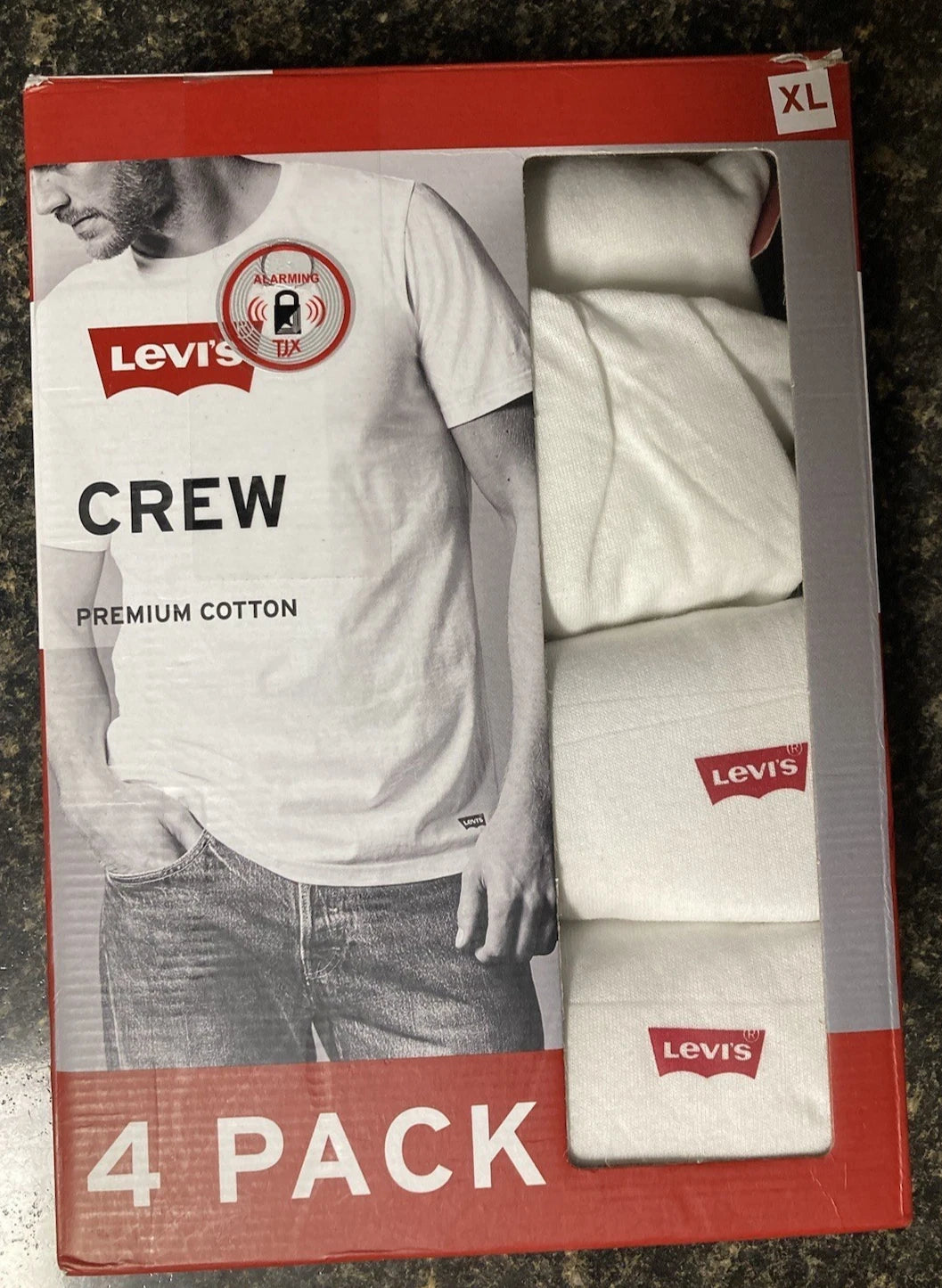 Levi's Men's XL 4 Pack White Crew, Neck Cotton w/Red Logo T Shirt