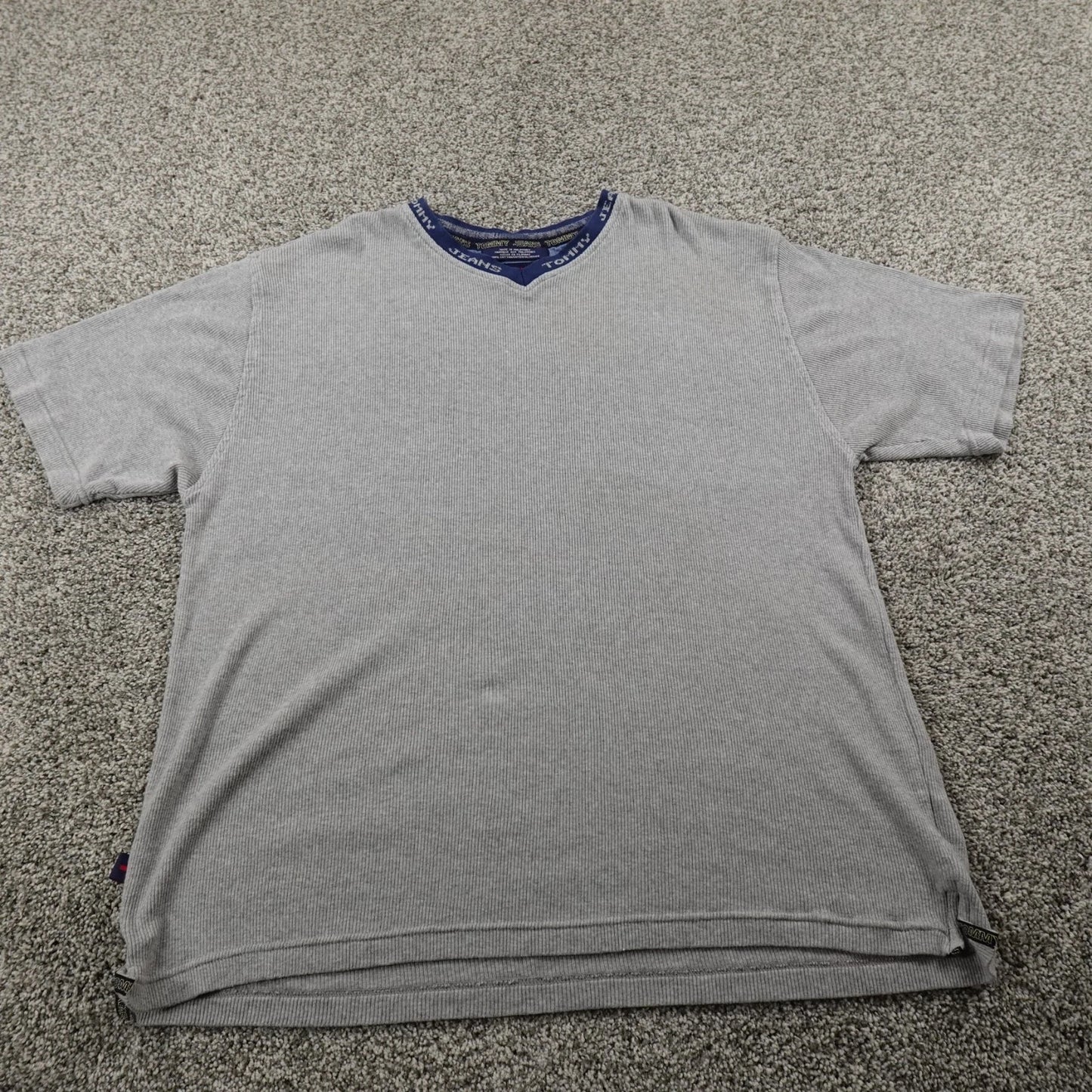 VTG Tommy Hilfiger Shirt Mens XL Gray Rib Knit Short Sleeve V Neck Tee 90s Y2K