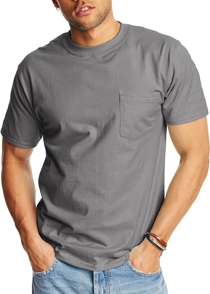 Hanes Mens T Shirt Beefy Pocket 100%Cotton Short Sleeve Smoke Gray Small-Medium