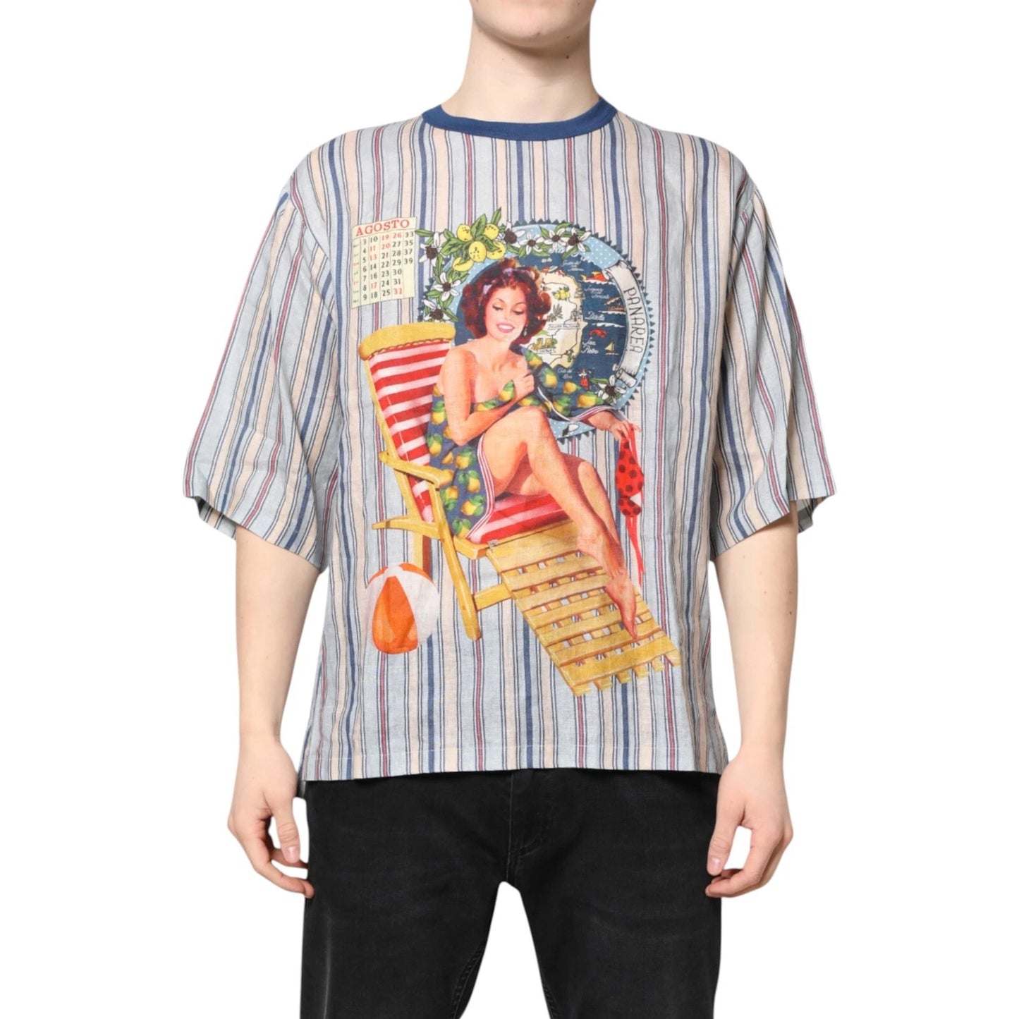 DOLCE & GABBANA T-shirt Multicolor Striped Pin Up Linen Round Neck IT48/US38/M