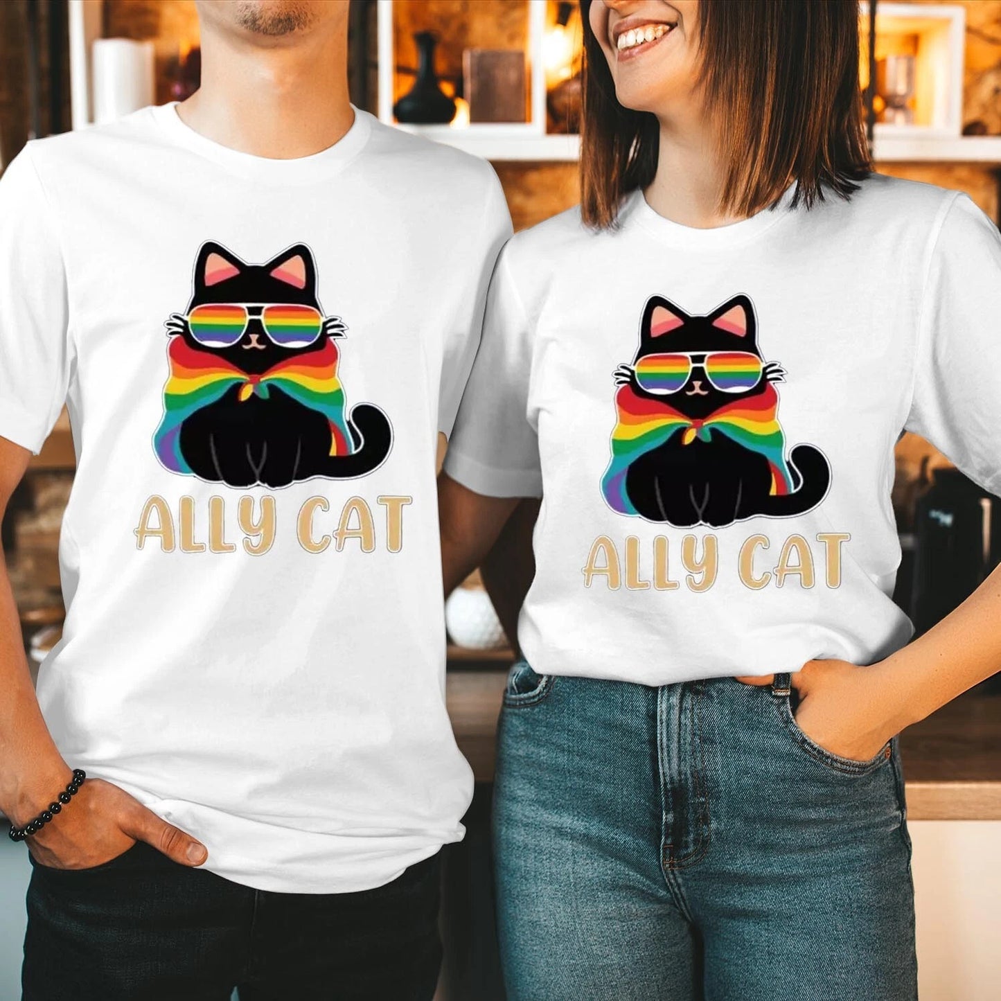 T-SHIRT (P 3 ) Rainbow Pride Ally Cat Love Heart Gay Month LGBTQ Trans Gift