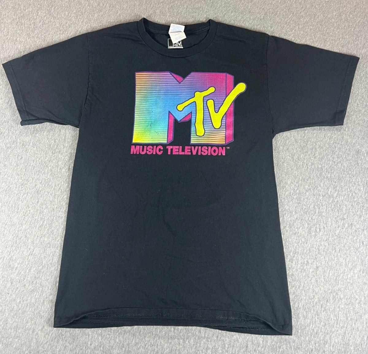 MTV Men’s T-Shirt Size Small Black Neon Retro 80s Logo Port & Company Cotton