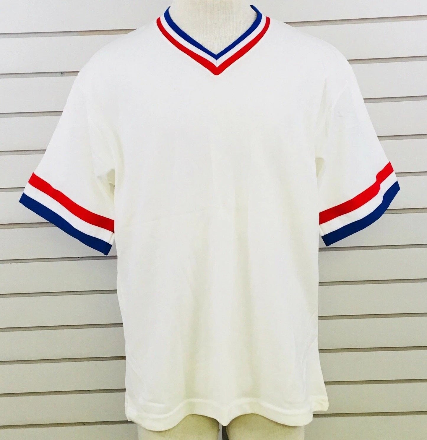 Vtg Mens L Sanjian Shirt V-Neck White Red Blue Polyester Trim Made in California