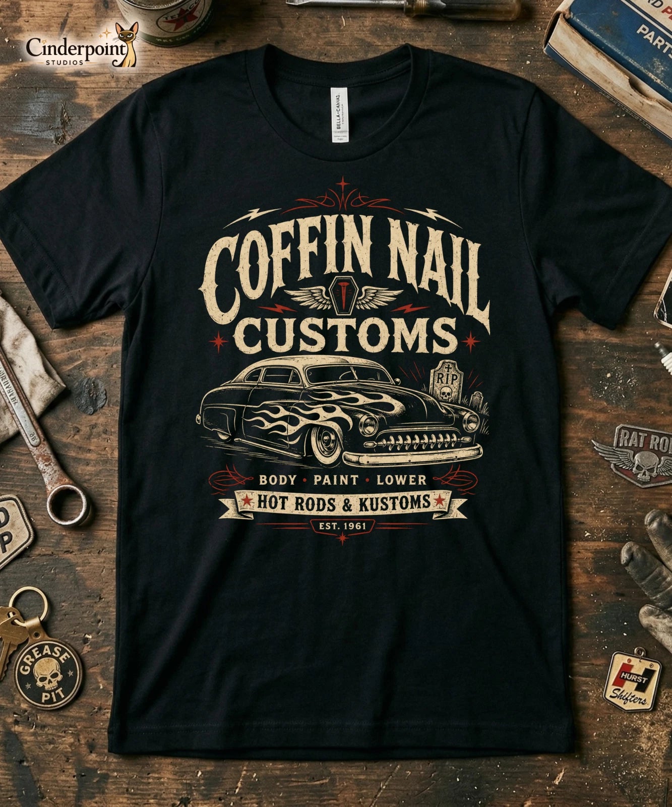 Coffin Nail Customs Shirt Psychobilly Hot Rod Gearhead Kustom Kulture Tee XS-5XL