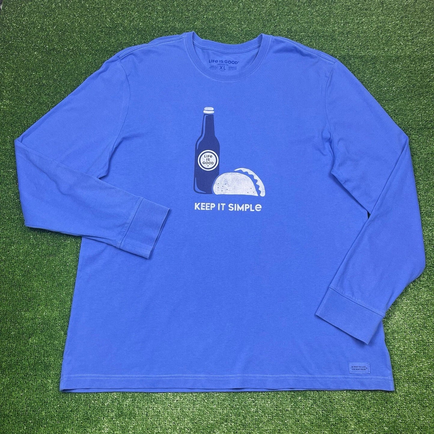 Life is Good Keep it Simple Tacos & Beer Long Sleeve Blue T-Shirt Men's XL 25x31