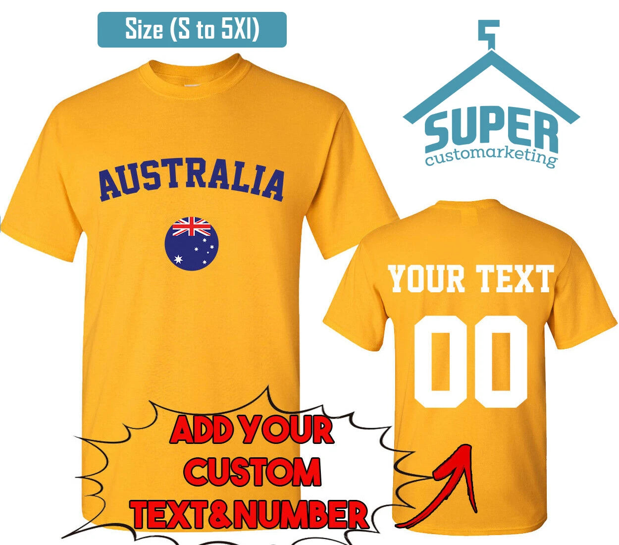 AUSTRALIA World Cup Unisex TSHIRT Jersey Custom Text Number Australia Flag Tee S