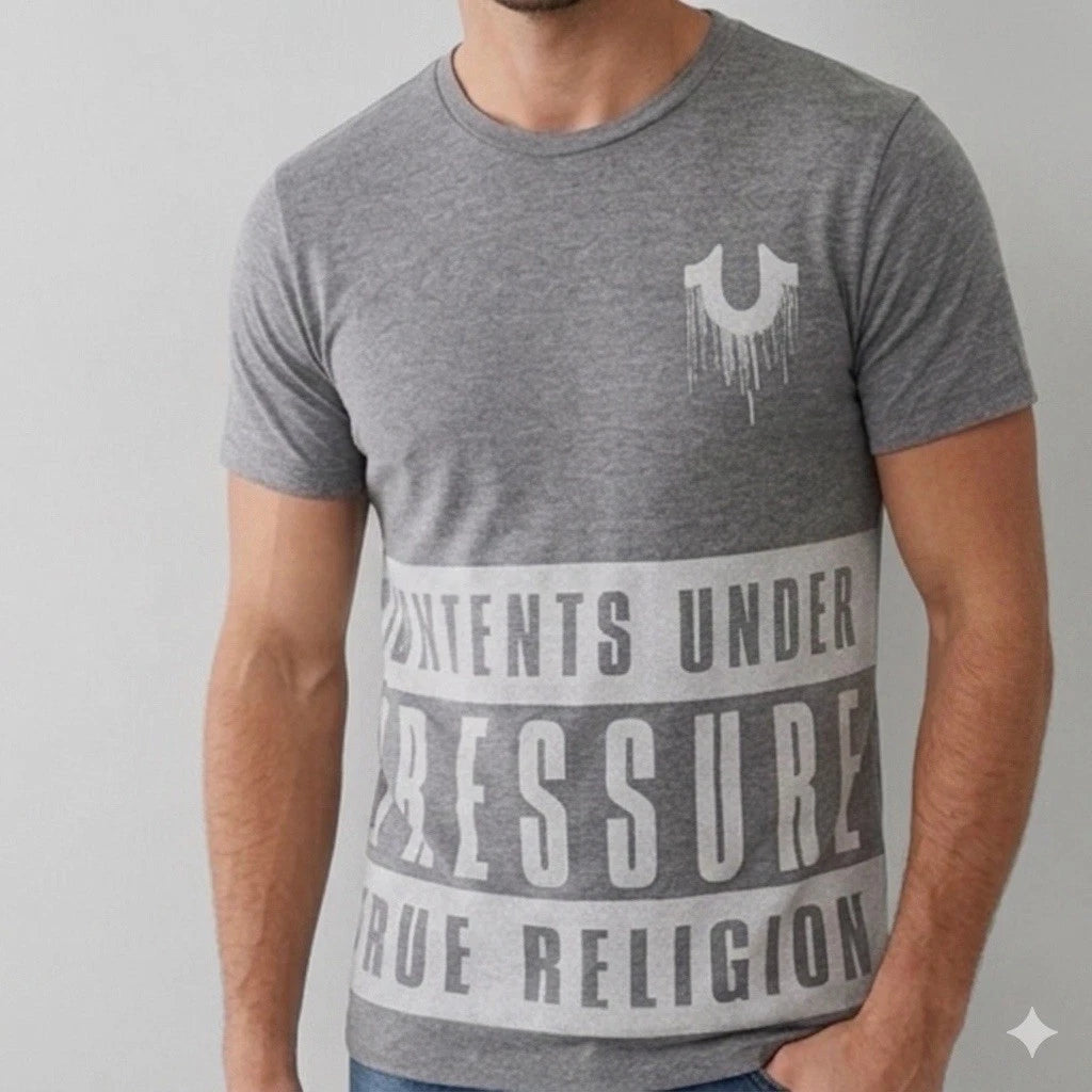 $68 TRUE RELIGION Grey CONTENTS Short Sleeve Designer Graphic T-shirt NWT