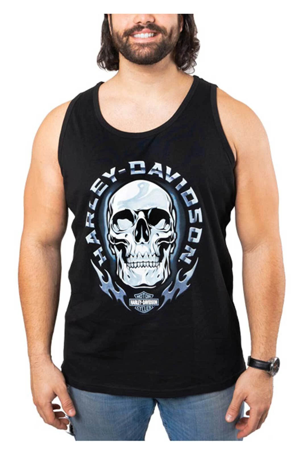 Harley-Davidson Men's Chrome Skull Graphic Cotton Tank Top - Solid Black