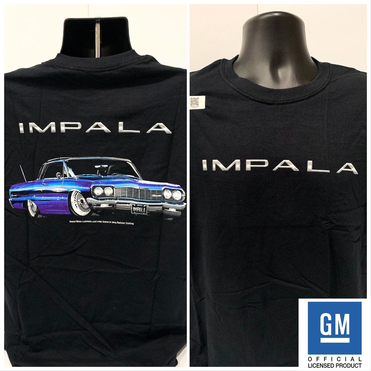 Black 1964 Chevy Impala T-Shirt - Blue Car w/ Script Emblem Logo (Licensed)
