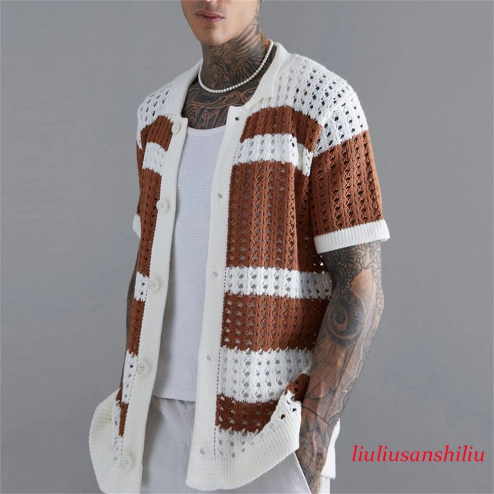 Men's Hollow Out Knitted Short Sleeve T-Shirt Slim Fit Button Shirts Casual Tops