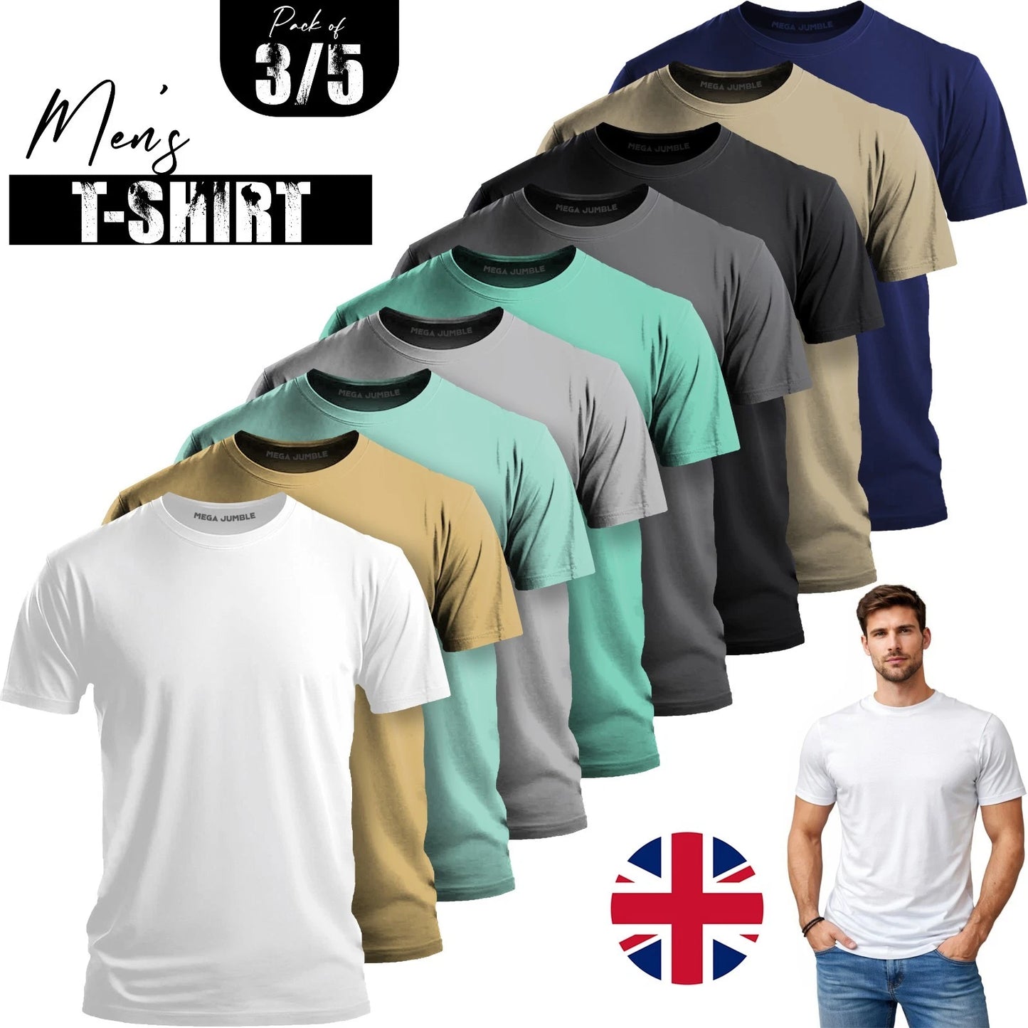 3 & 5 Pack Cotton T-shirt Regular Plain Tee Top Crew Blank Men's Summer Outfits