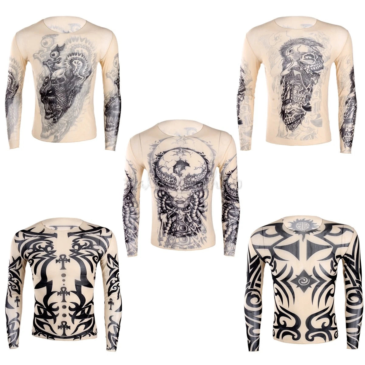 Mens Tattoo Design T Shirt Long Sleeve Top Tee Mesh Plain shirt Casual Fashion