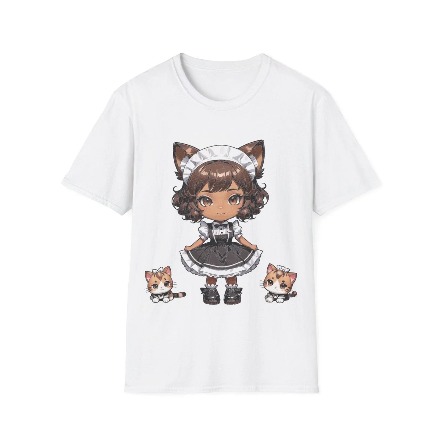 Chibi Catgirl Maid T-Shirt Kawaii Anime Maid with Kittens Soft Cotton Tee