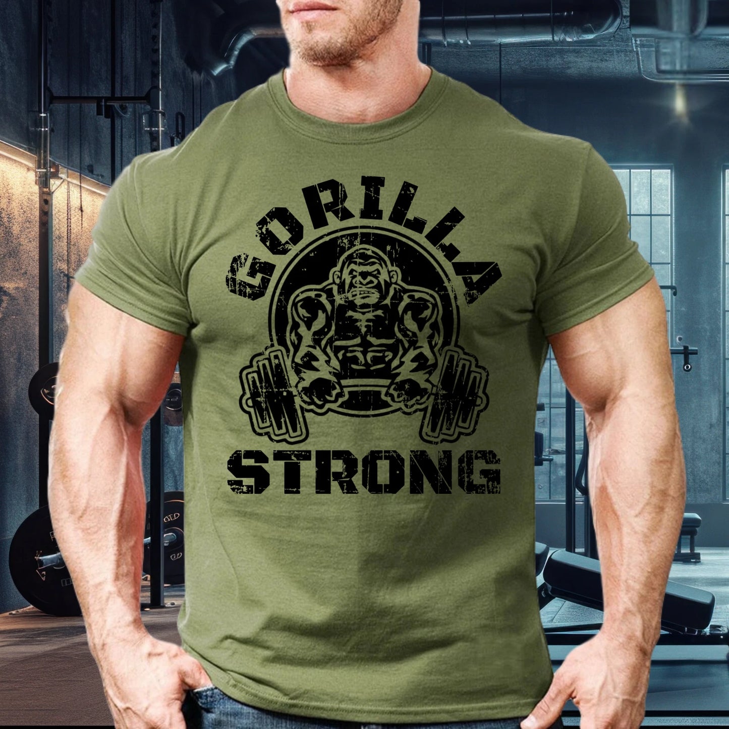 GORILLA STRONG BARBELL GYM T-SHIRT, WORKOUT SHIRT, GYM CLOTHES, BODYBUILDING Tee
