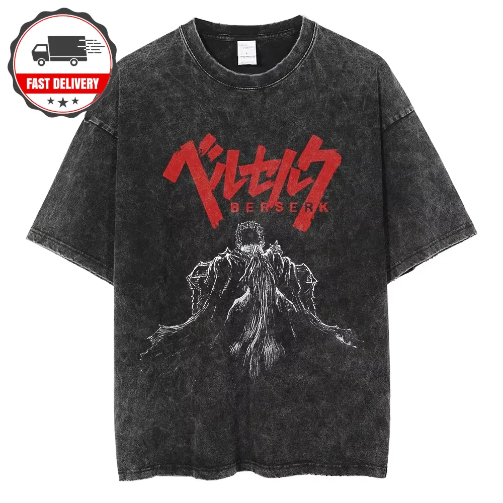 Anime Berserk Vintage T-shirt Short Guts Puck Print Washed Cotton Sleeve Tee