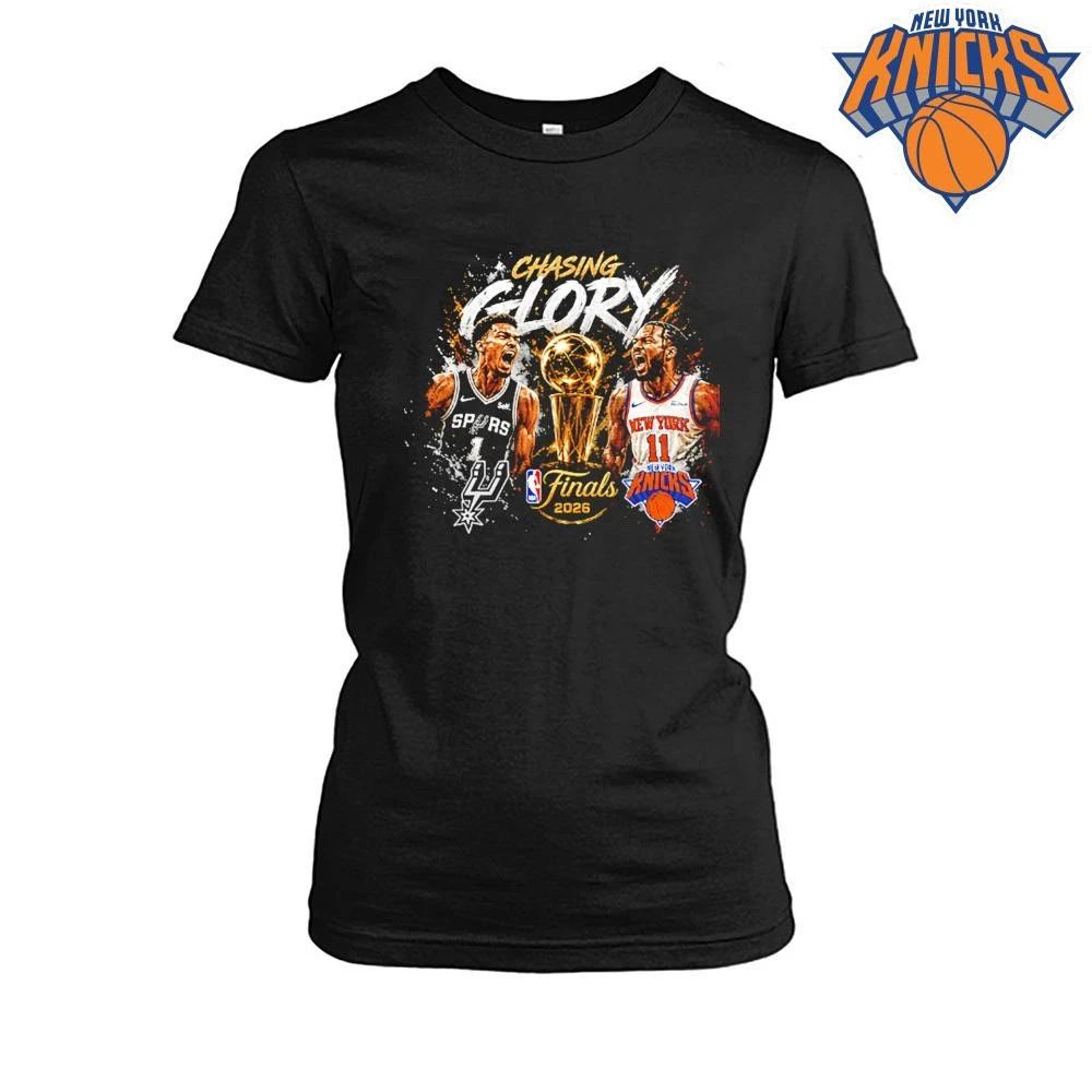 San Antonio Spurs vs New York Knicks Victor Wembanyama Jalen Brunson Chasing Glory 2026 NBA Finals Black Graphic T Shirt