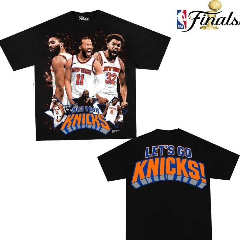 New York Knicks Jalen Brunson Karl Anthony Towns Mikal Bridges Josh Hart OG Anunoby Vintage 90s Bootleg Style Black Graphic NBA Finals 2026 Two Sided Shirt