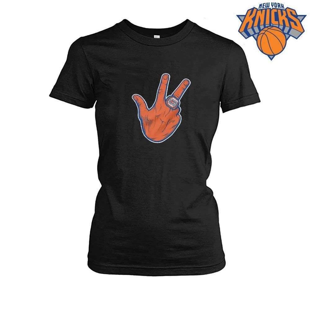 New York Knicks Champions NBA 2026 Three Point Hand Gesture Championship Ring Blue Shirt
