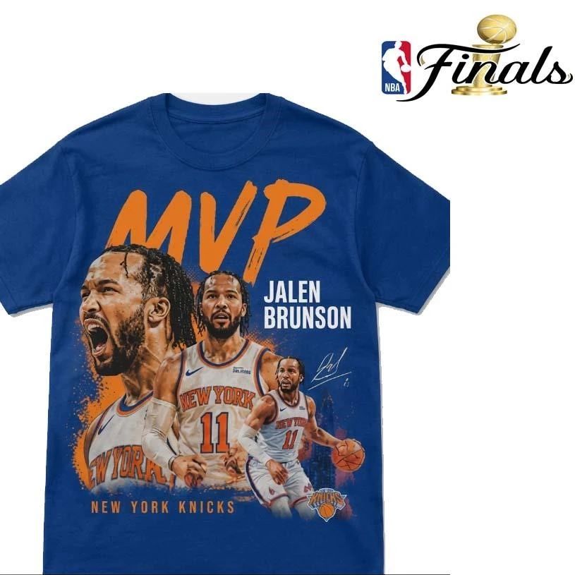 New York Knicks Jalen Brunson MVP Player Graphic Blue and Orange NBA Finals 2026 Shirt