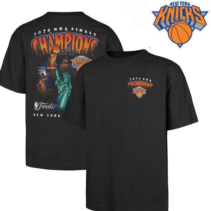New York Knicks Champions NBA 2026 Statue of Liberty Trophy Black Two Sided Shirt Shirt