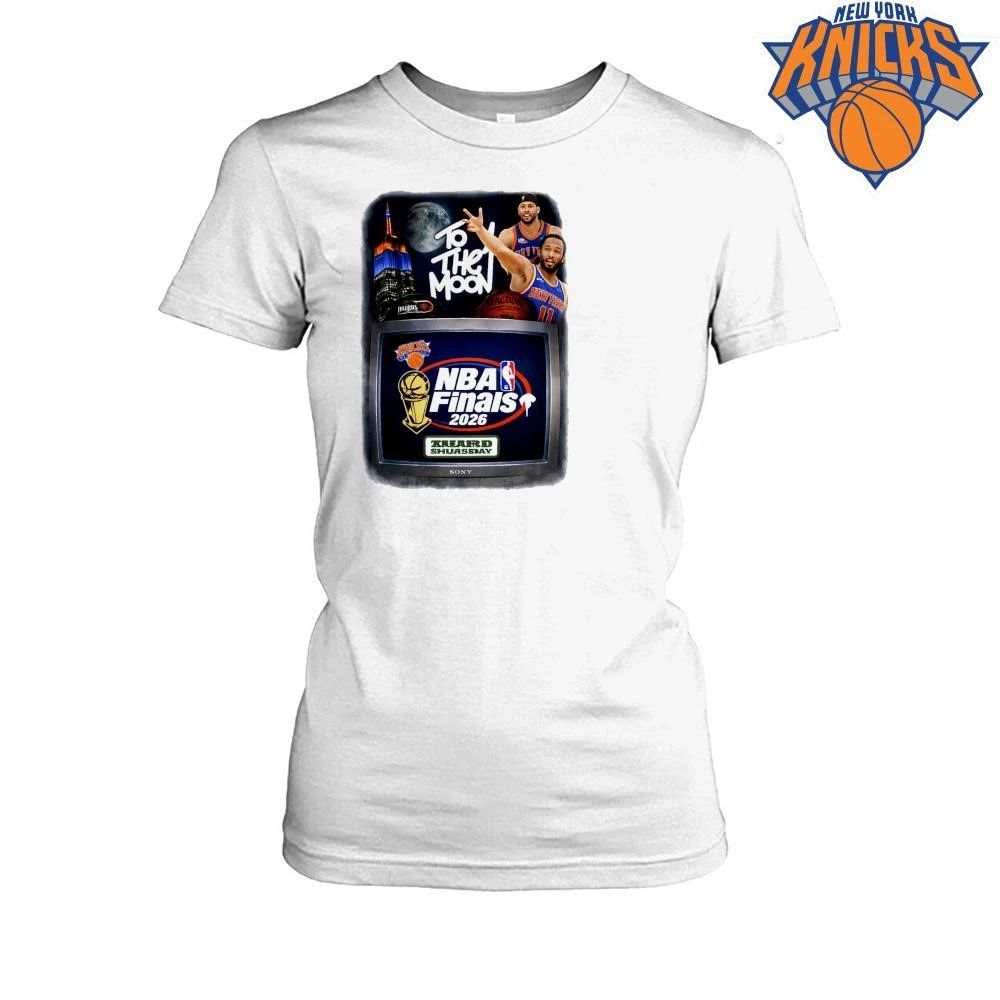 New York Knicks Jalen Brunson 11 Josh Hart To The Moon Retro TV Screen Empire State Building Graphic NBA Finals 2026 Shirt