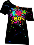 80s Outfit for Women Plus Size I Love The 80's Costumes 80s Off Shoulder T-Shirt Tops Neon Clothes Oversized (Black,2X-Large)