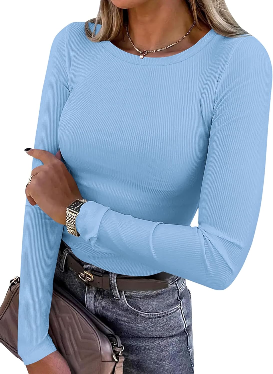 Women 2026 Fall Clothes Long Sleeve Shirts Ribbed Knit Fitted Basic Tee Going Out Tops Underscrub Casual Outfits