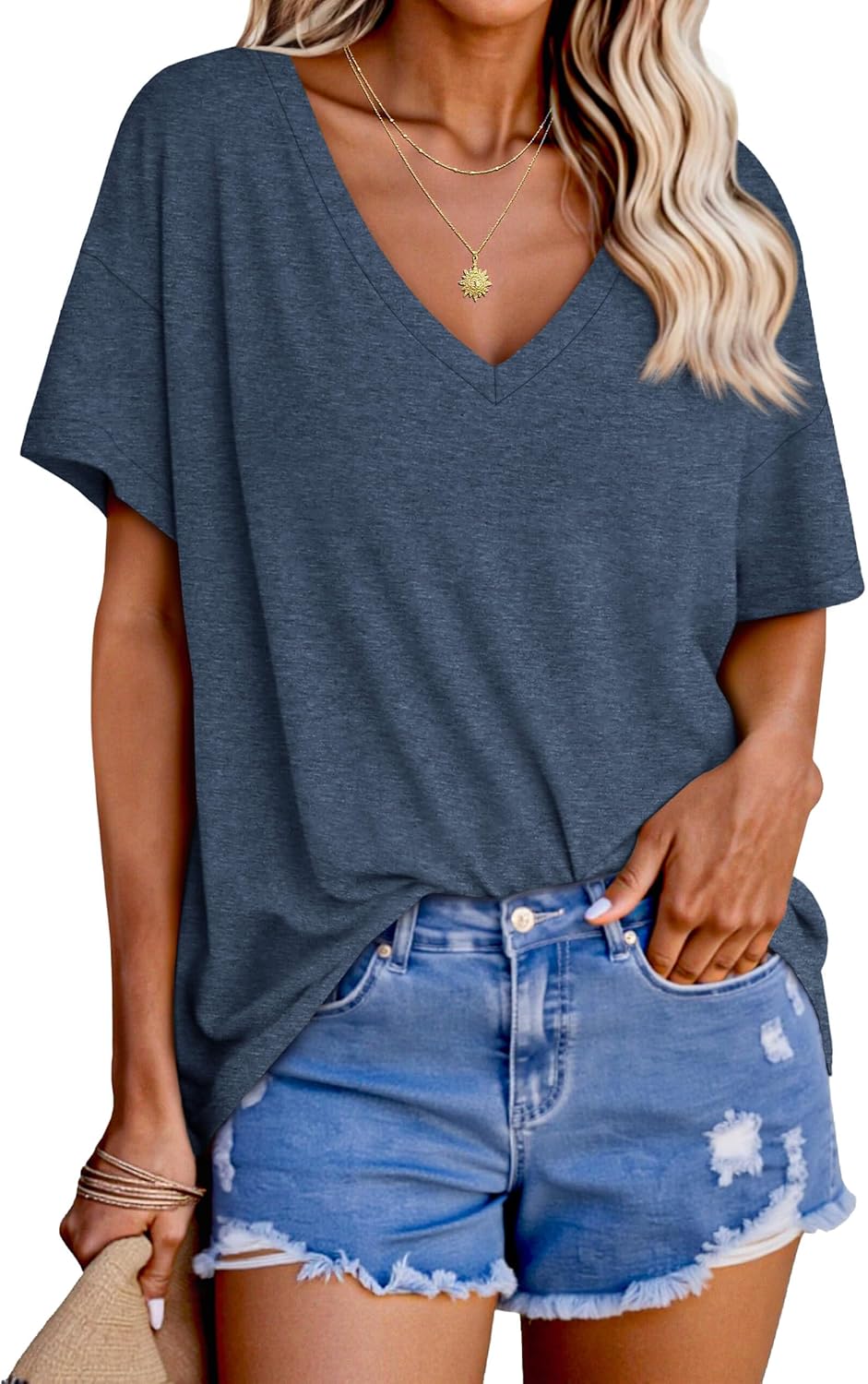 Womens Oversized Tshirts V Neck Short Sleeve Tops Summer Casual Loose Fit Tunic Tee Shirts