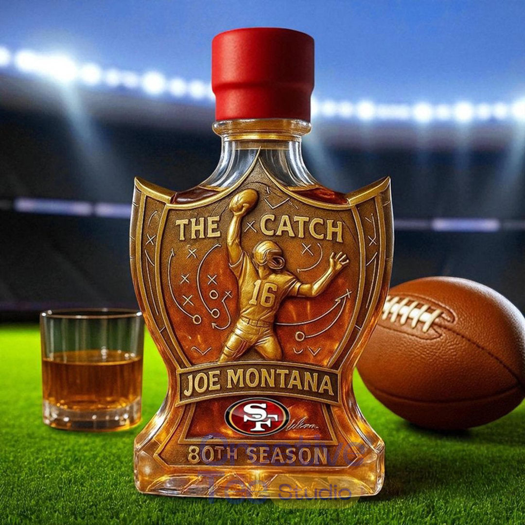 San Francisco 49ers Joe Montana the Catch Legendary Football Moment 80th Anniversary Whiskey Bottle