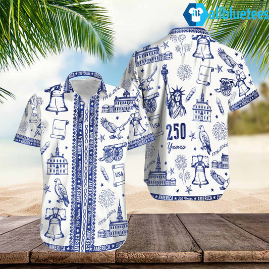 America 250 Blue And White Anniversary Hawaiian Shirt