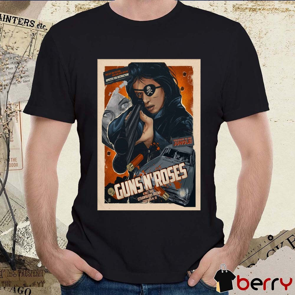 Poster Guns N’ Roses Stockholm SE Tour 2025 July 4 Strawberry Arena Welcome To The Jungle t-shirt
