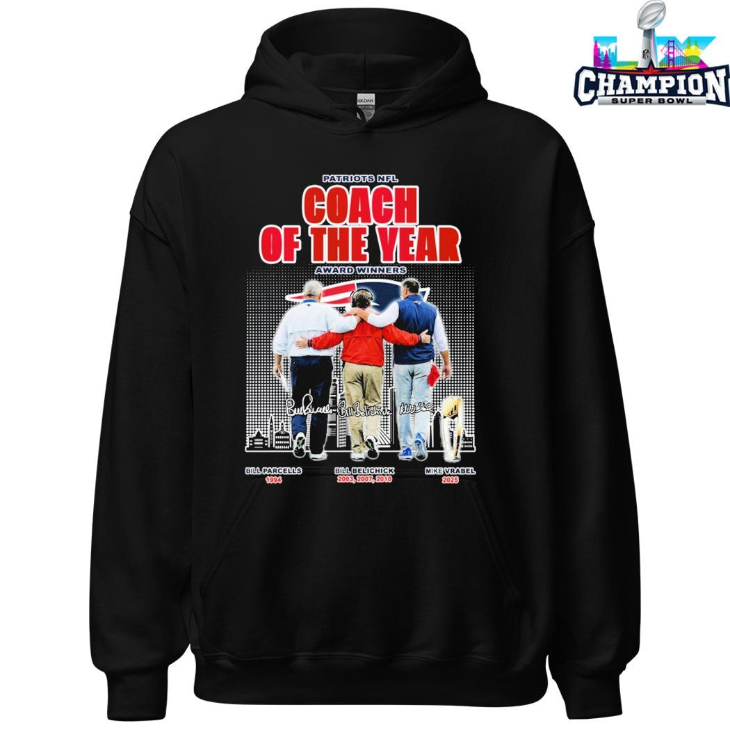 Bill Parcells Bill Belichick And Mike Vrabel New England Patriots Coach Of The Year Award Winners NFL Signatures T-shirts