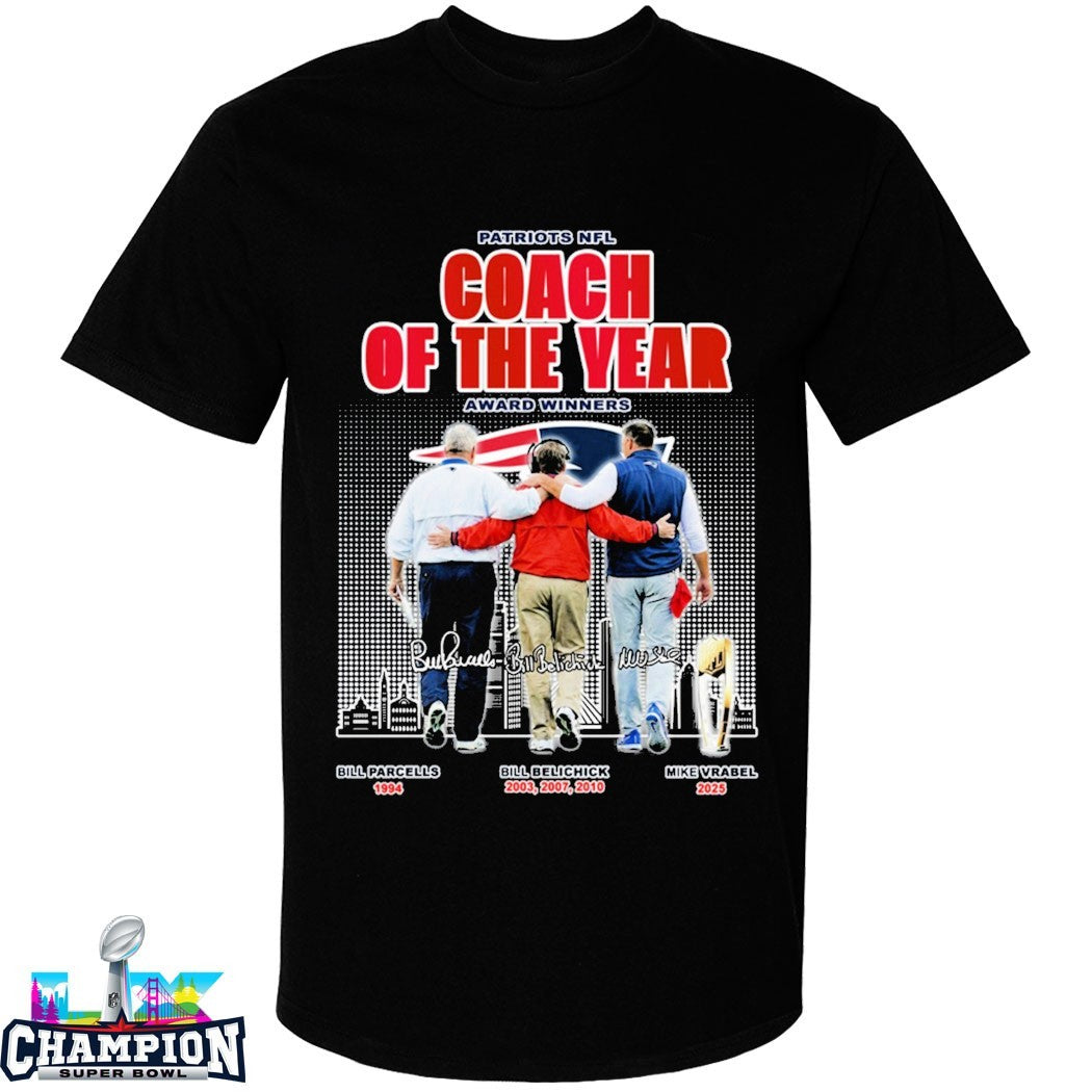 Bill Parcells Bill Belichick And Mike Vrabel New England Patriots Coach Of The Year Award Winners NFL Signatures T-shirts