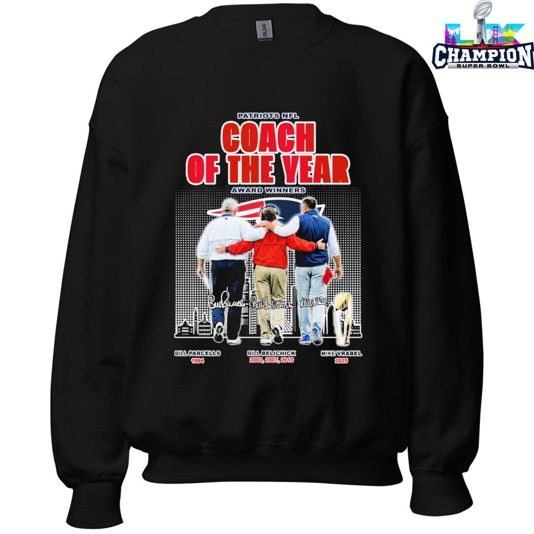 Bill Parcells Bill Belichick And Mike Vrabel New England Patriots Coach Of The Year Award Winners NFL Signatures T-shirts