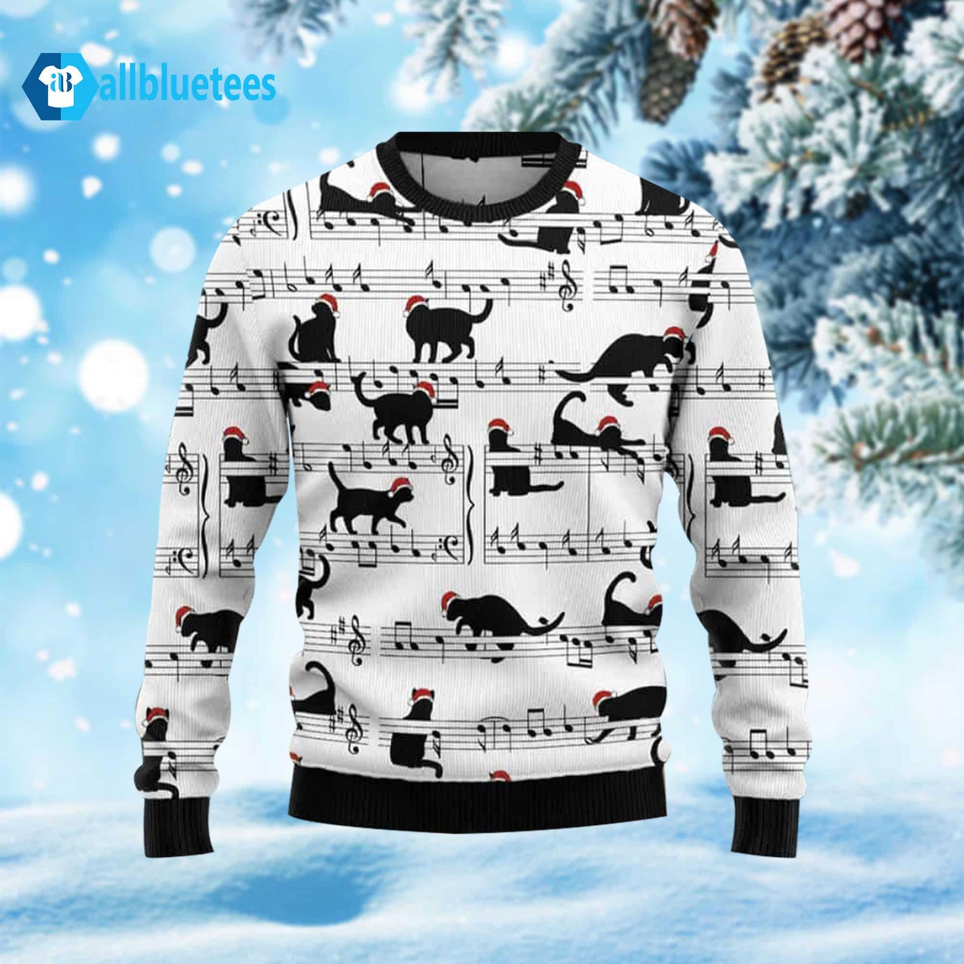 Black Cat Music Note Ugly Christmas Sweater