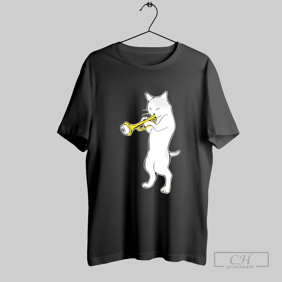 Cat Standing Playing A Golden Trumpet