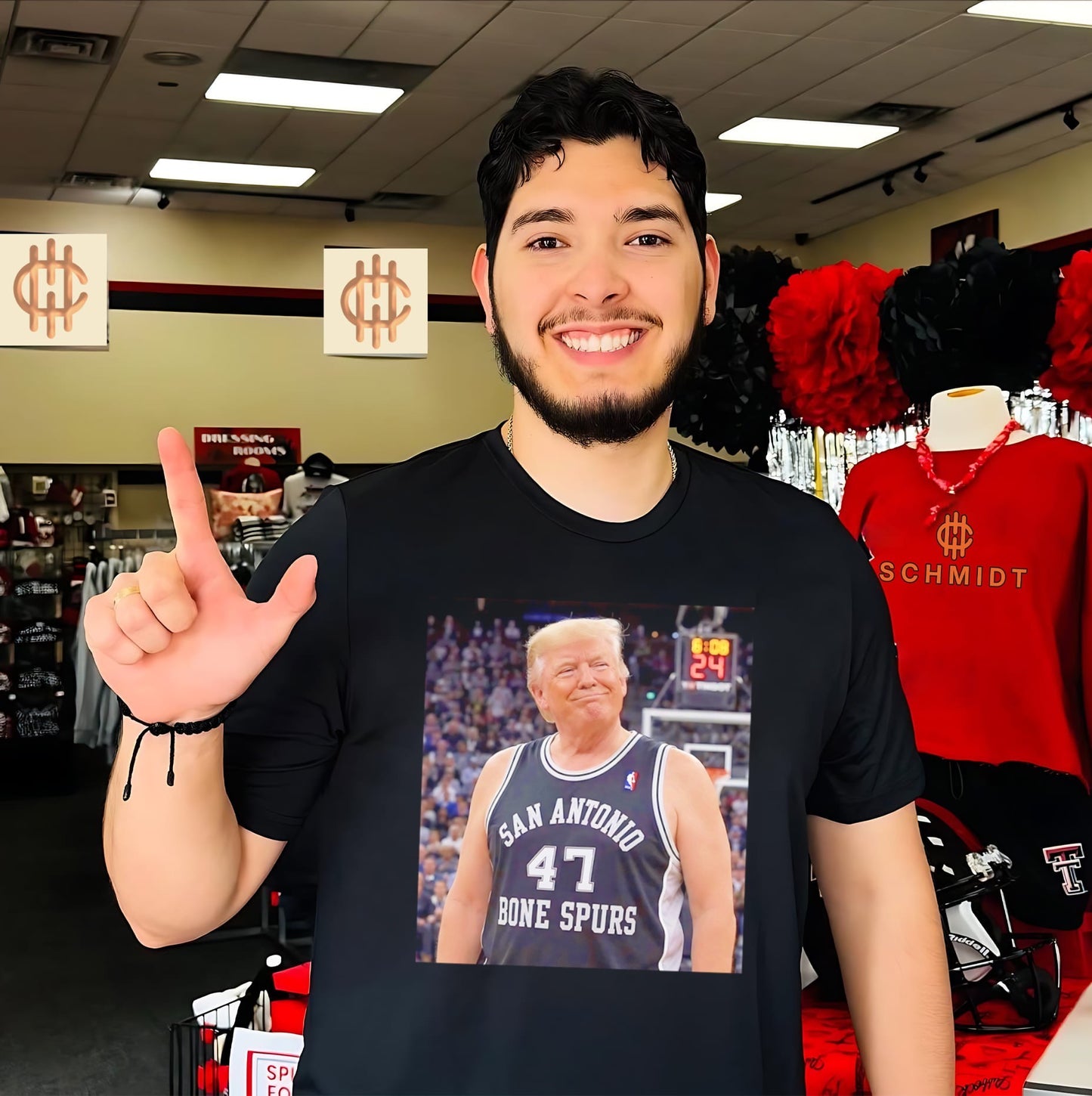 Donald Trump wearing San Antonio Spurs jersey Bone Spurs shirt