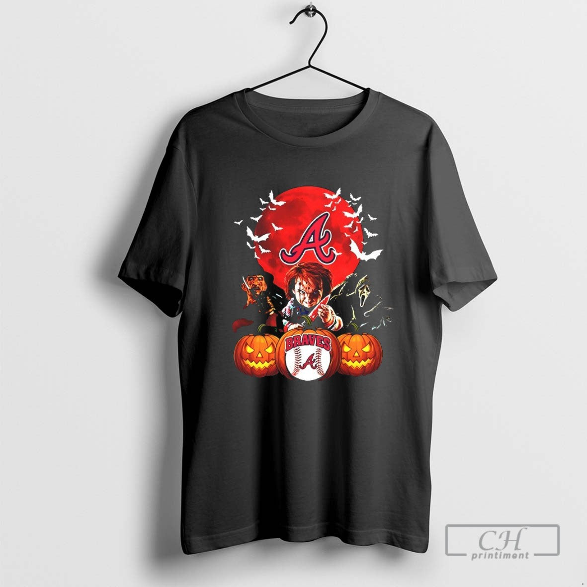 Freddy Krueger Chucky And Ghostface Moon Atlanta Braves Mlb Halloween 2025 V Neck